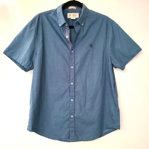 Penguin Blue Short Sleeve Slim Fit Button Down Shirt L - Picture 1 of 9